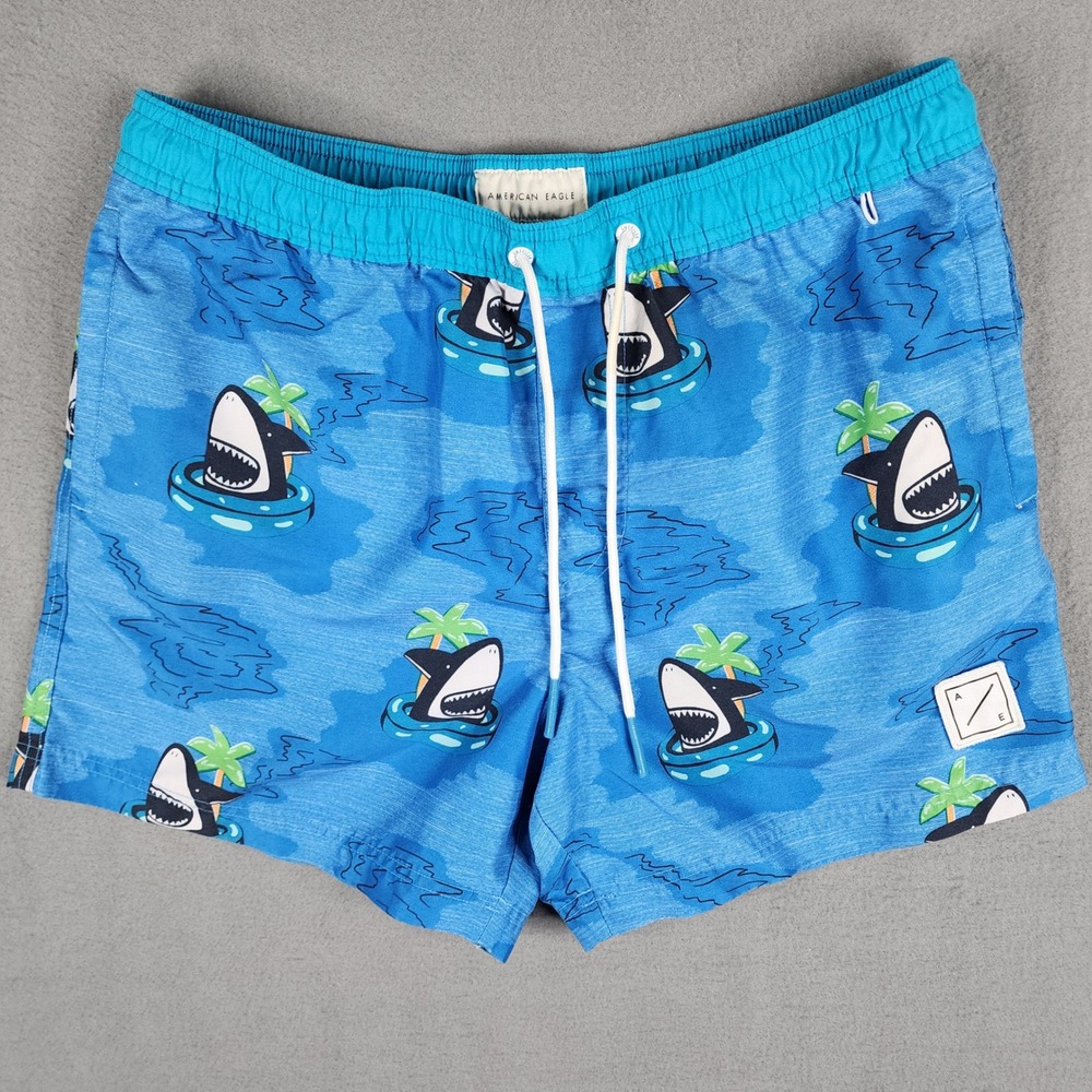 American Eagle Swim Trunks Mens Medium Blue Excellent Shark Print Mesh Lined